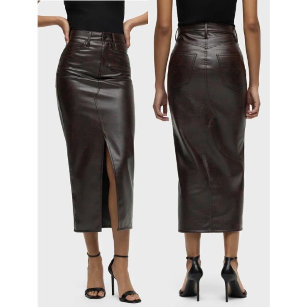 Hudson Collection Marbled Vegan Leather Reconstructed Midi Pencil Skirt Brown 32